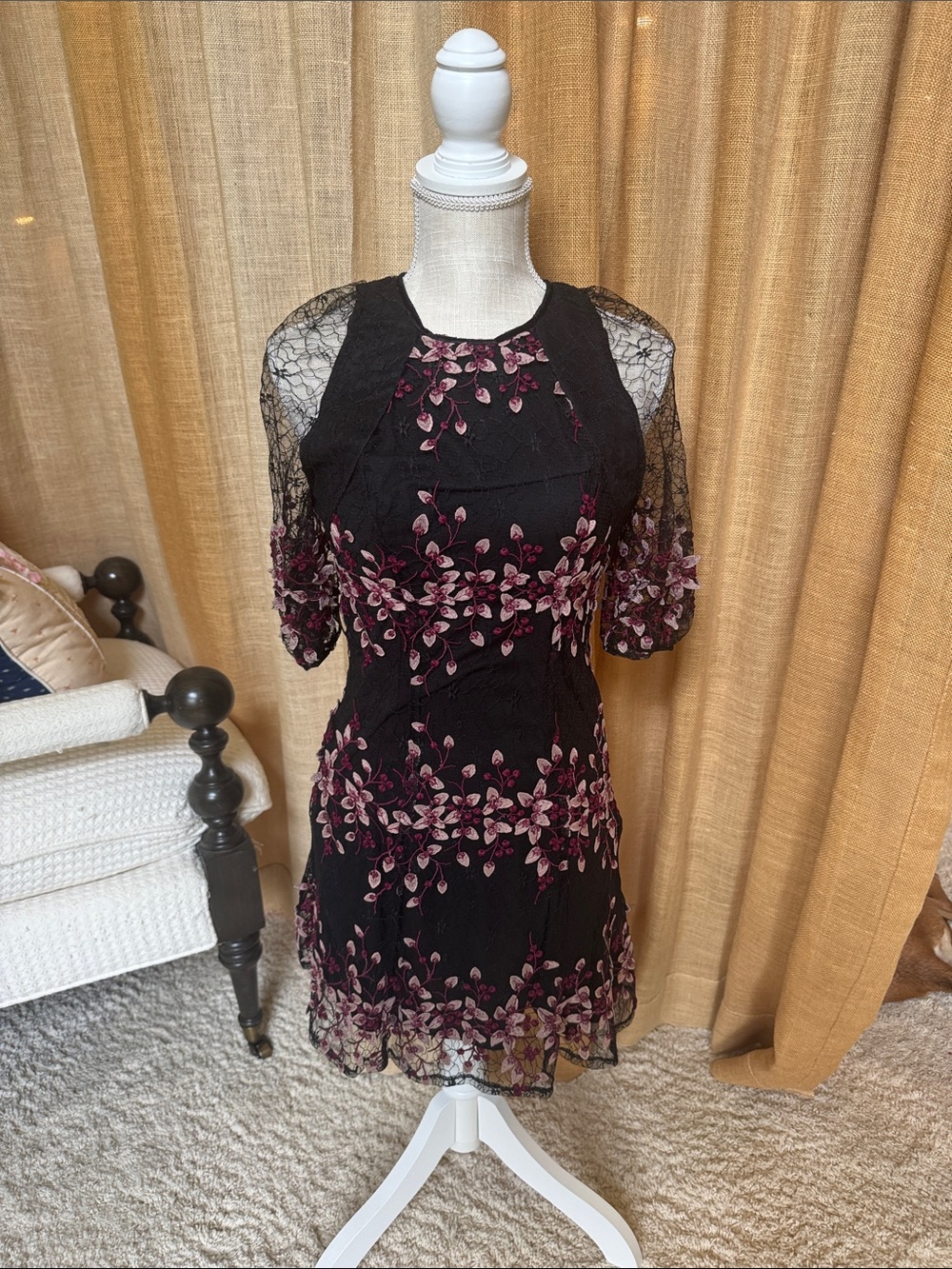 REVOLVE Black Mini Dress with Pink Floral Embroidery